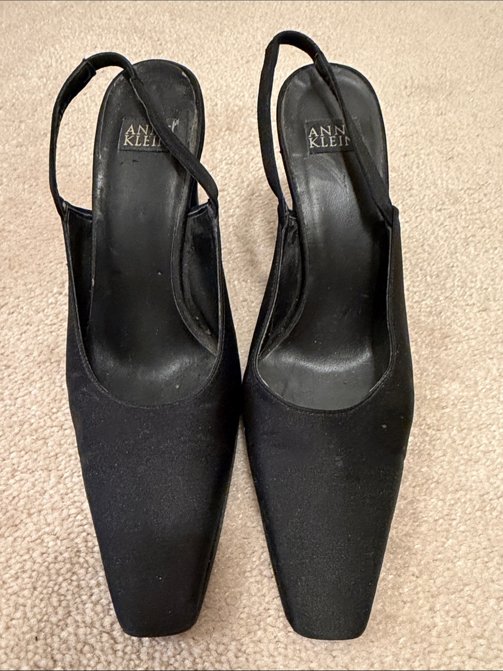 Anne Klein Black Satin Pointed Square-Toe Slingback Heels